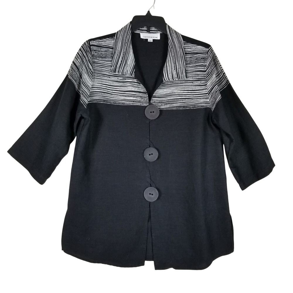 Caroline Rose Jacket Women 0X Black Linen Striped Colorblock Button Up Blazer